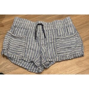 Athleta 100% Linen Shorts Size 12 Blue Stripe Elastic Waist Pockets Summer Beach